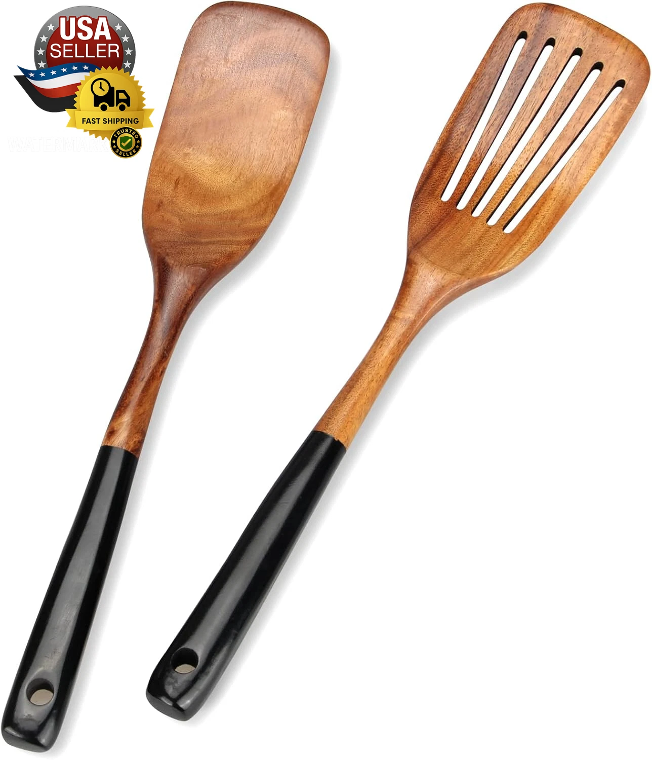 2 Pcs Wooden Spatula Set for Cooking Non Toxic Teak Kitchen Utensils Slotted Pan