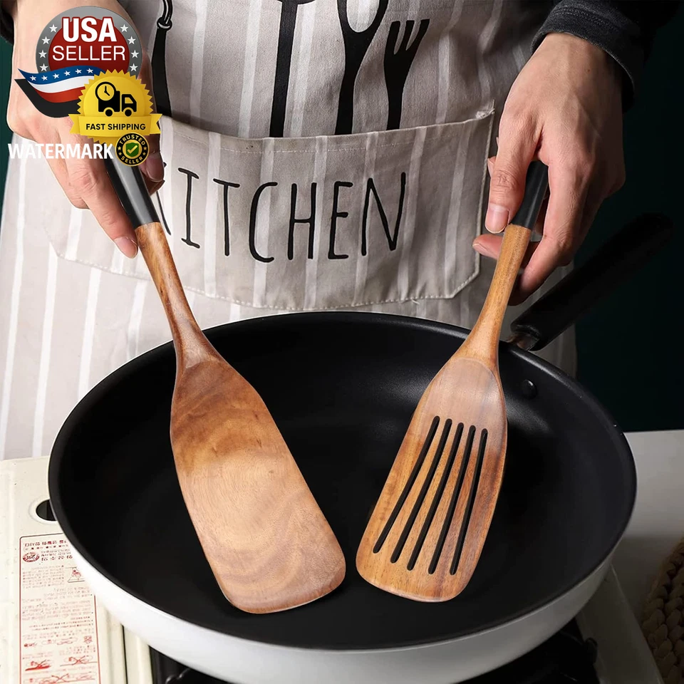 2 Pcs Wooden Spatula Set for Cooking Non Toxic Teak Kitchen Utensils Slotted Pan